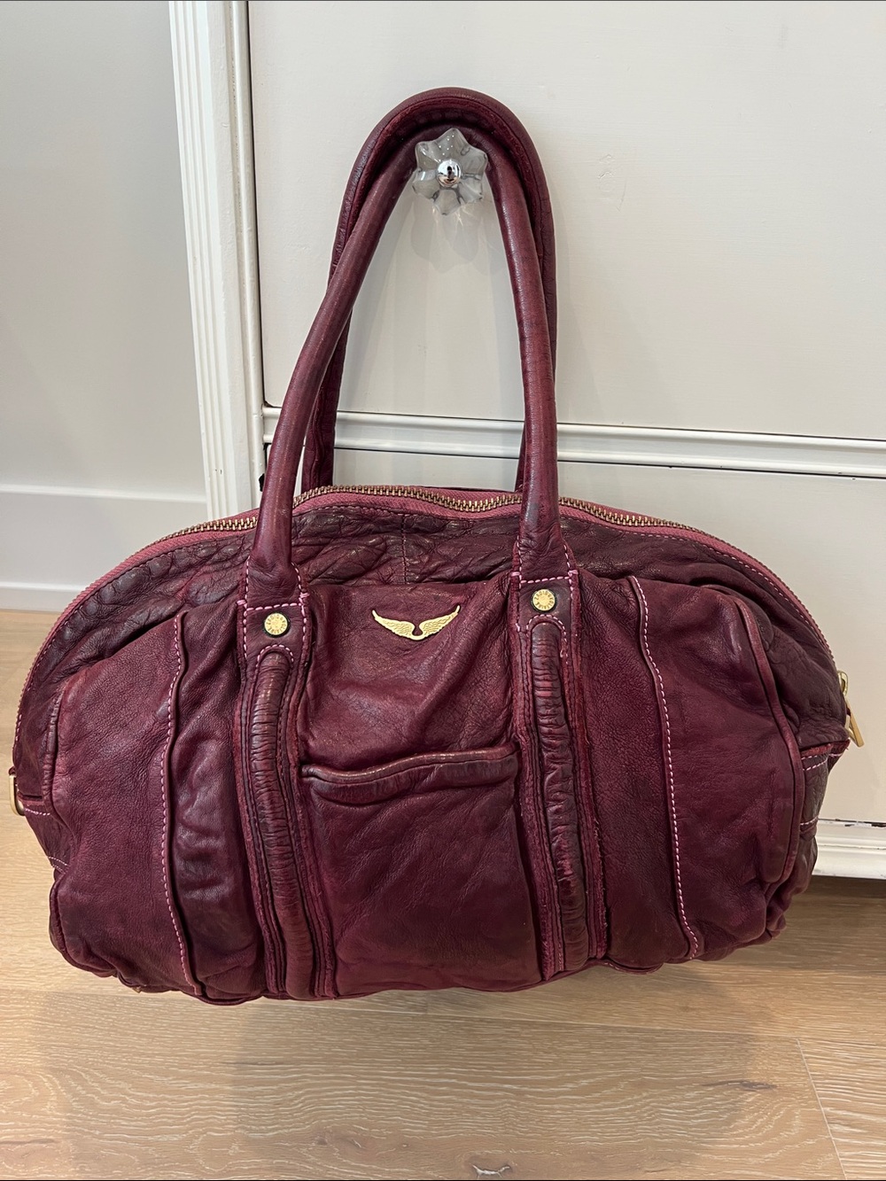 Zadig & Voltaire Leather Tote Bag in Plum with Gold Accent